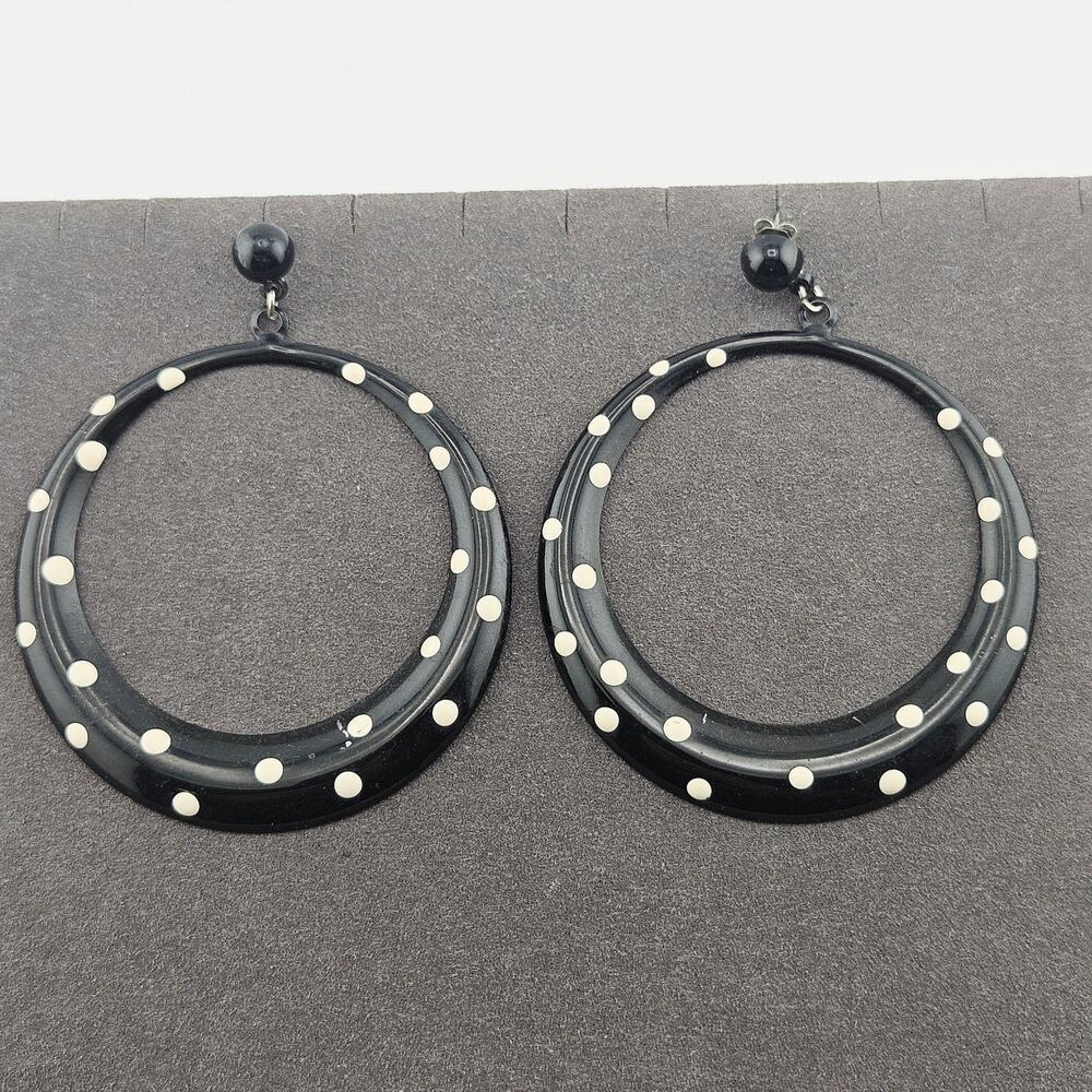 Polka Dot Dangle Drop Hoop Earrings Black White Retro Mod Go-Go Eclectic Funky